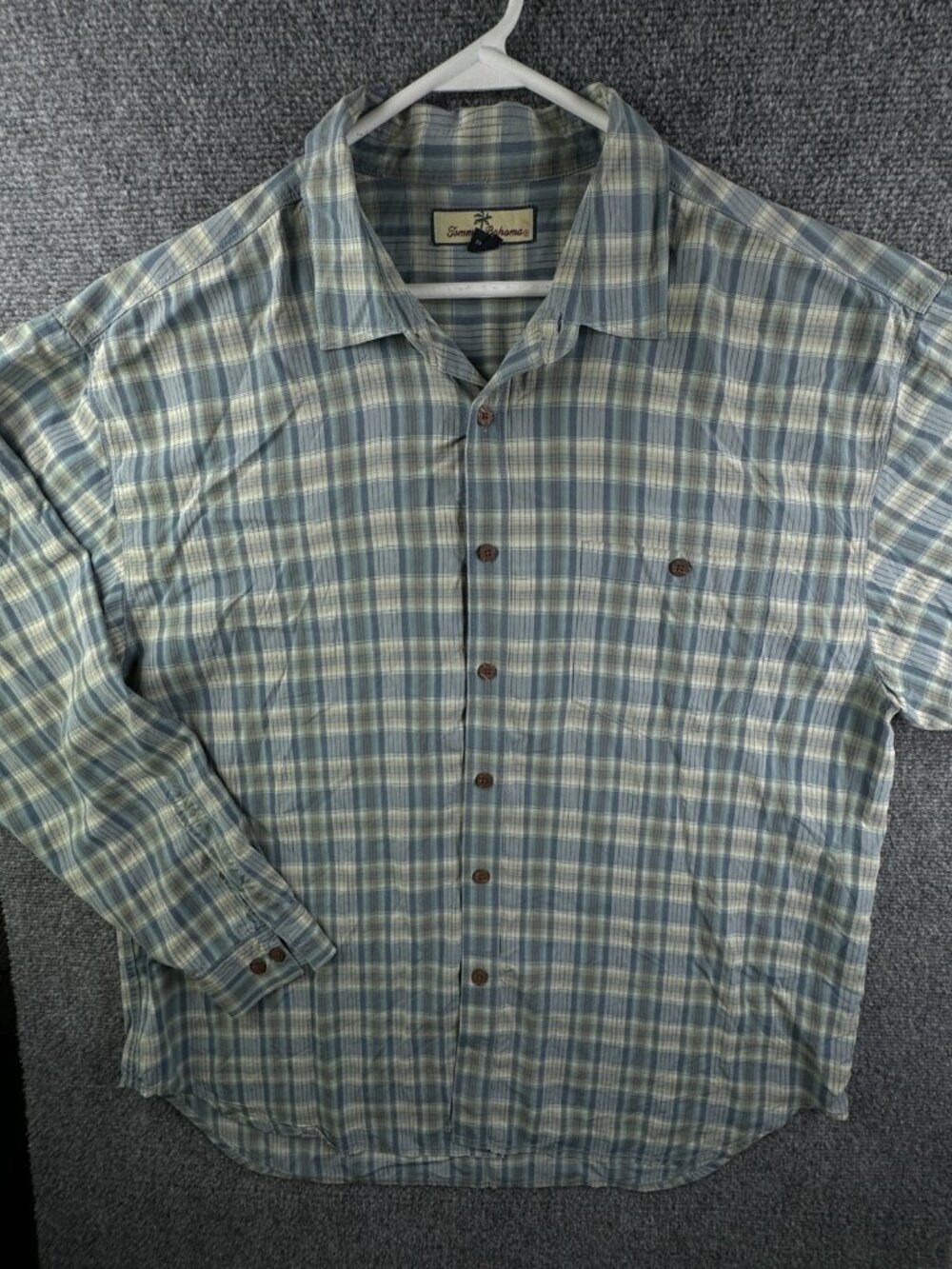Tommy Bahama Men Long Sleeve Button Up Shirt All Silk Plaid XL Blue Green Adult